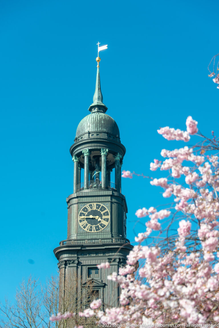 Historic Hamburg church clock tower with green cupola framed by pink flowering branches against blue sky.