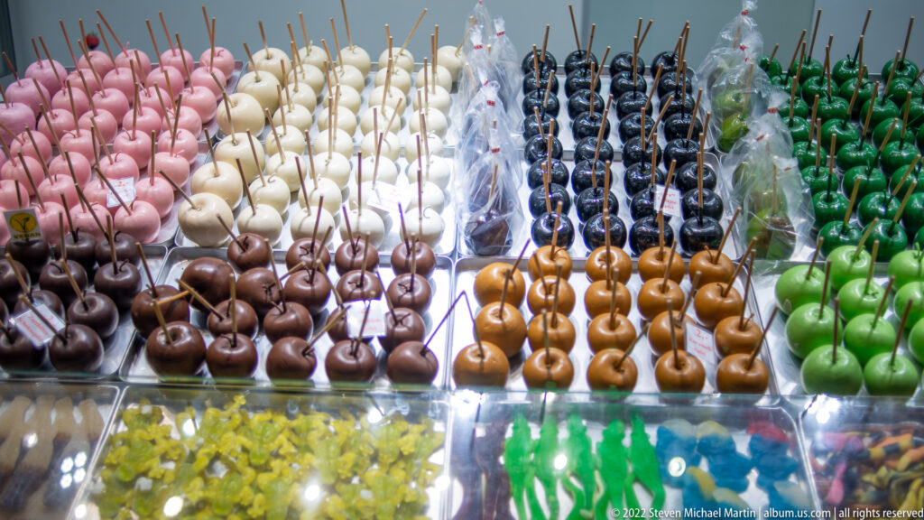 Rows of candy-coated apples on sticks in pink, white, chocolate, black, caramel, and green inside a glass display.
