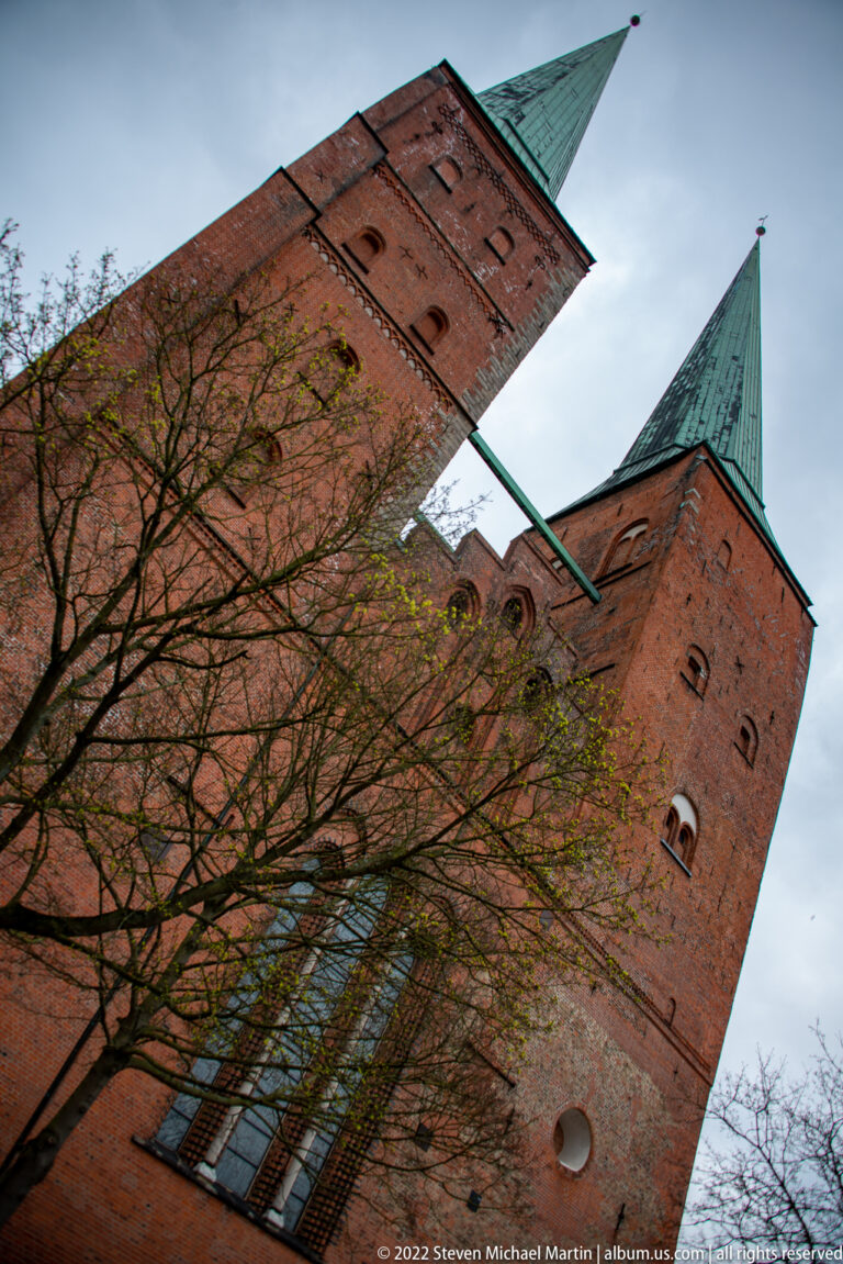 Low-angle view up two massive red-brick church towers with steep green copper roofs.