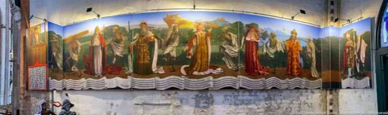 Section of Wim Trompert’s 2021 reconstruction of the Lübeck Dance of Death with skeletal Death figures, clergy, rulers, and text below.