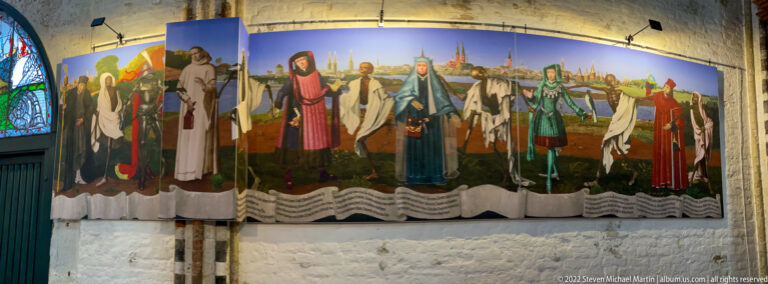 Wim Trompert’s reconstructed Lübeck Dance of Death with skeletal figures alternating among civic, religious, and secular figures above historic text.