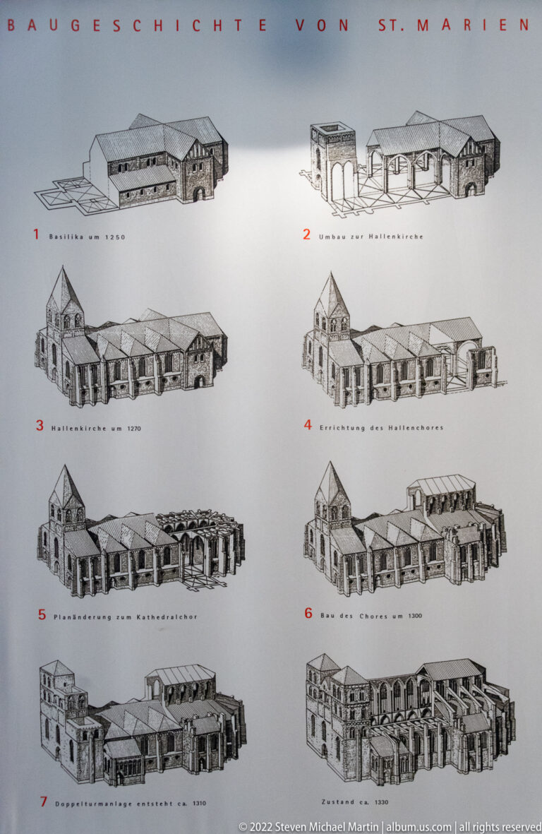 Interpretive panel with numbered architectural diagrams showing successive construction stages of St. Mary's Church.