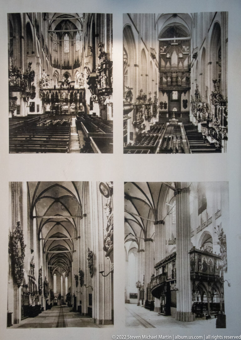 Display panel with four black-and-white historic photographs of the church nave, choir, and furnishings.