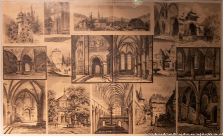 Collage of historical architectural views showing cloisters, arcades, courtyards, towers, and vaulted interiors.