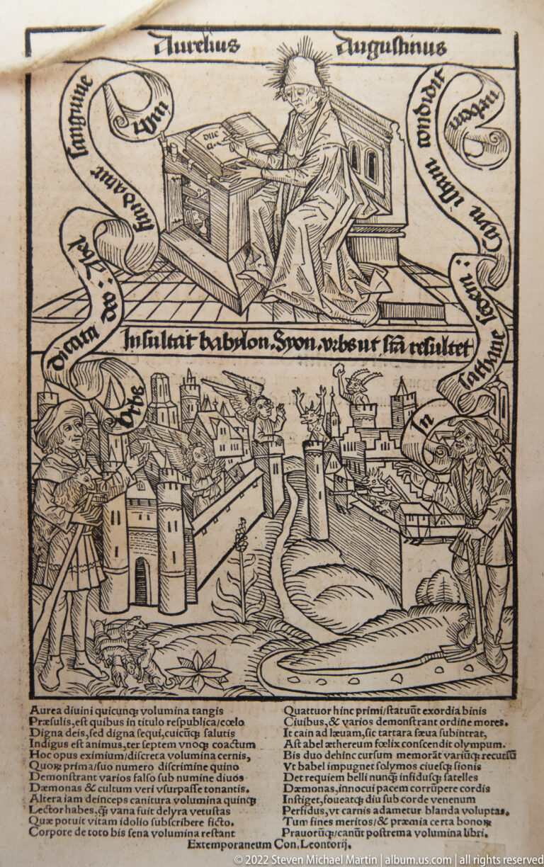 Early printed page with black-line woodcut of a fortified town, dense text, and a second symbolic scene above.