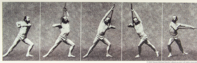 Five-frame sequential motion study of a nude male figure changing position while holding a long pole.
