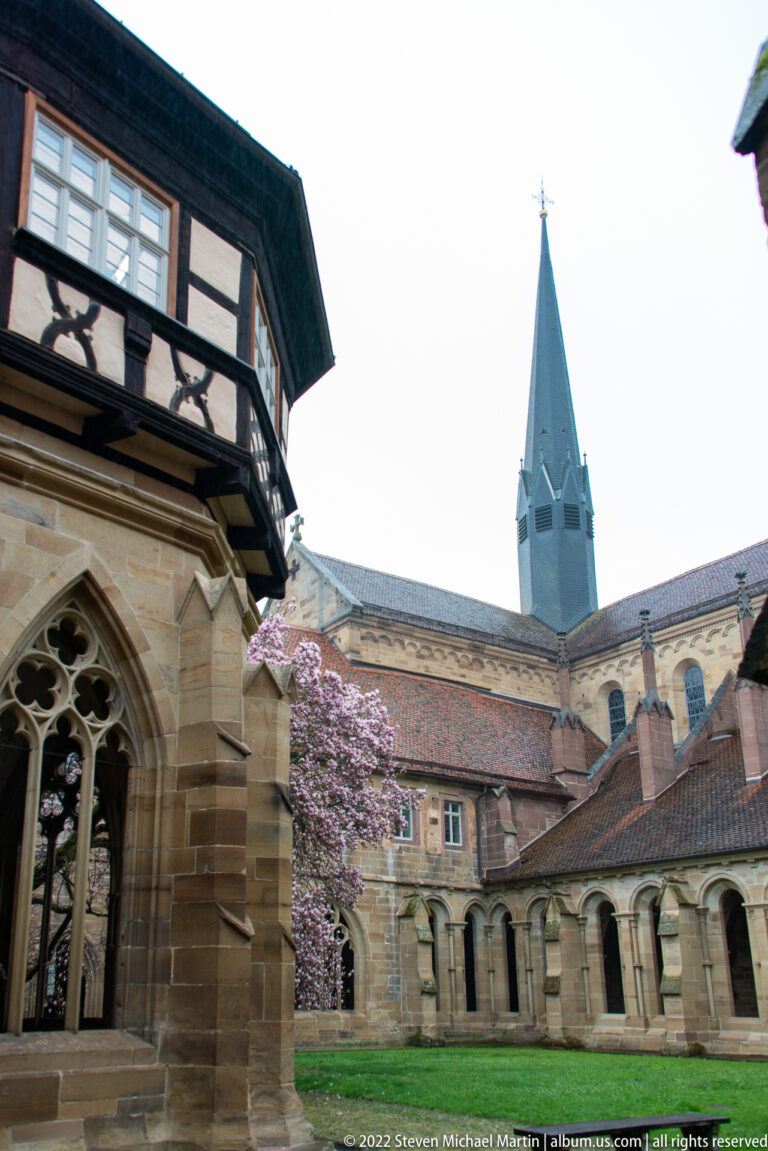 Cloister courtyard with Gothic arcade, flowering tree, red tile roofs, and a slender church tower.