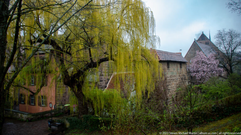 Weeping willow and flowering tree beside stone monastery walls and steep-roofed historic buildings.