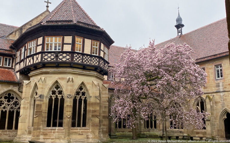Polygonal Gothic fountain house with traceried windows and timber-framed upper story beside a flowering tree.