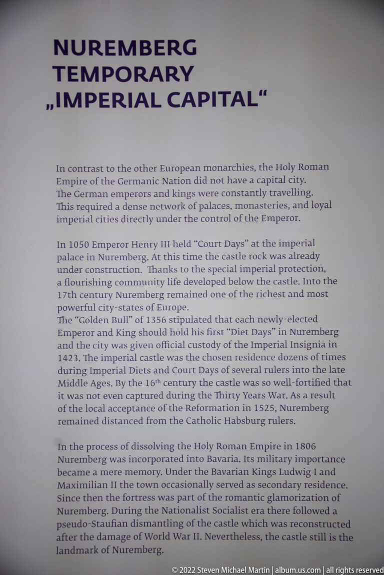 Interpretive panel titled Nuremberg Temporary Imperial Capital with several paragraphs of historical text.