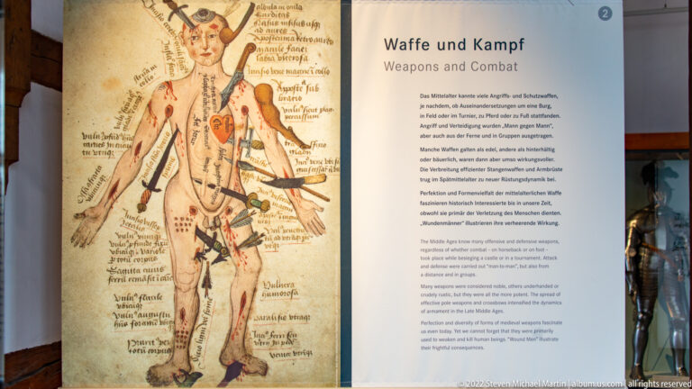 Exhibition panel titled Waffe und Kampf and Weapons and Combat beside a period illustrated human figure.