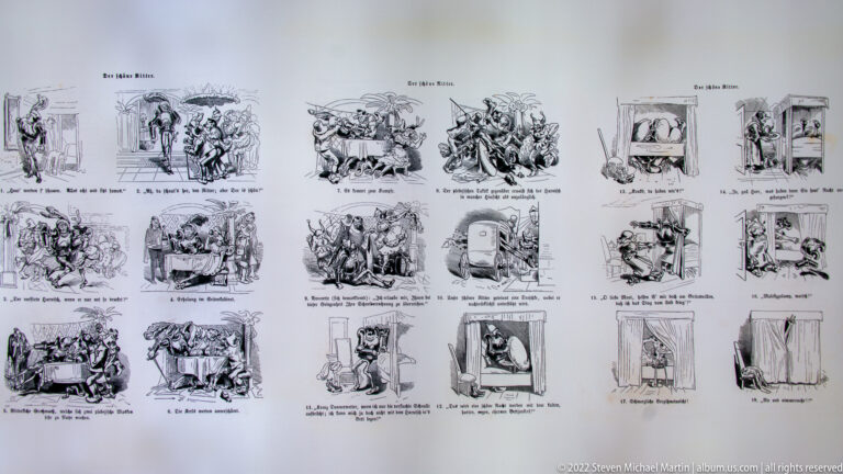 White display sheet containing many numbered black-and-white historical vignettes with short German captions.