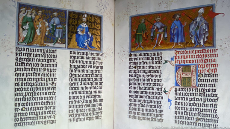 Two illuminated manuscript pages with Gothic script, colored miniatures, decorated initials, and heraldic details.
