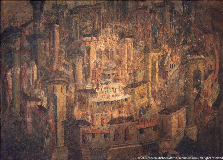 Historic painting of a densely fortified Nuremberg cityscape with walls, towers, gates, and church spires.