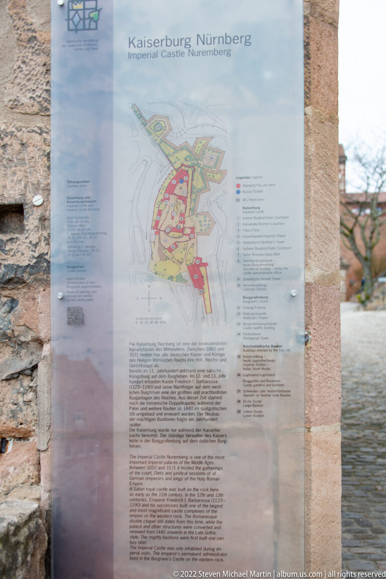 Visitor information panel titled Kaiserburg Nürnberg with a color-coded map of the Imperial Castle complex.