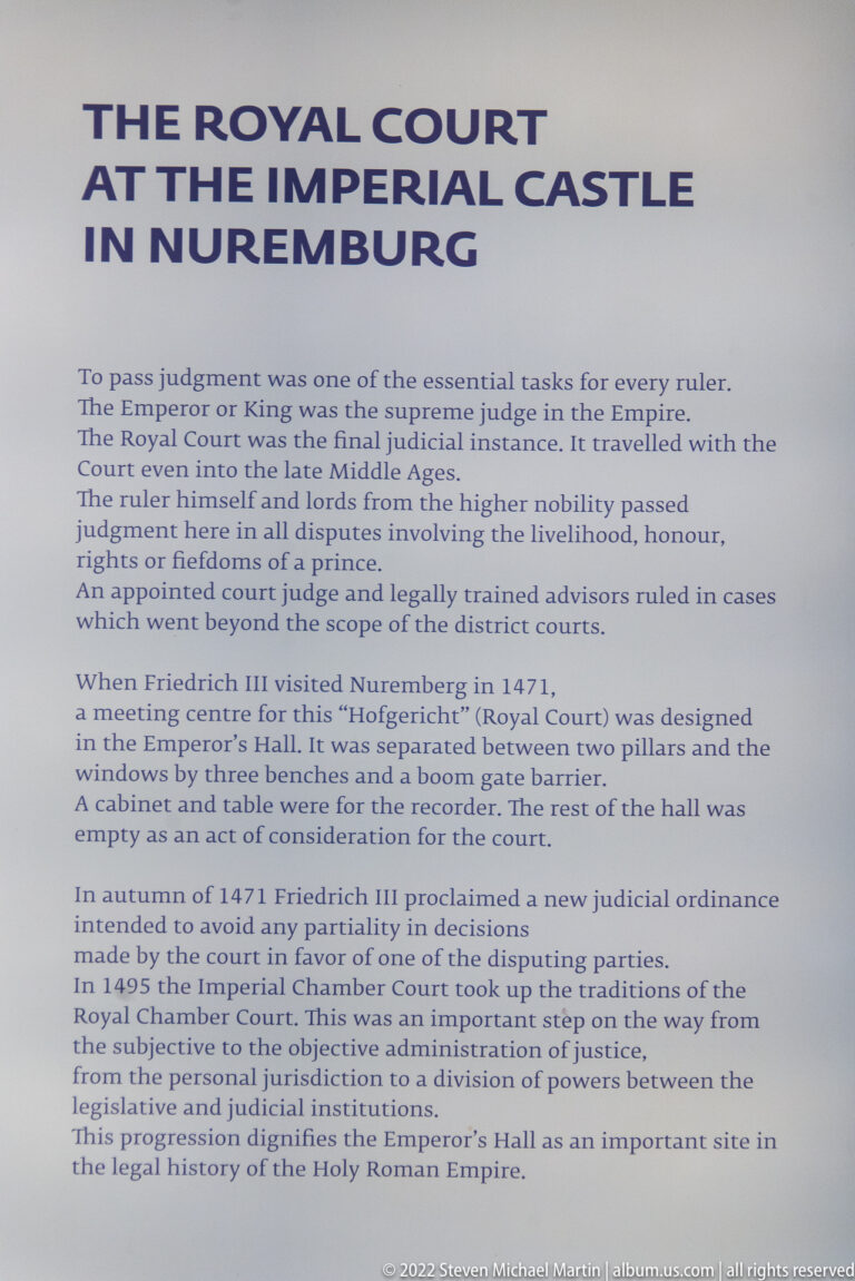 Interpretive panel titled Royal Court in the Imperial Castle in Nuremberg with several paragraphs of historical text.