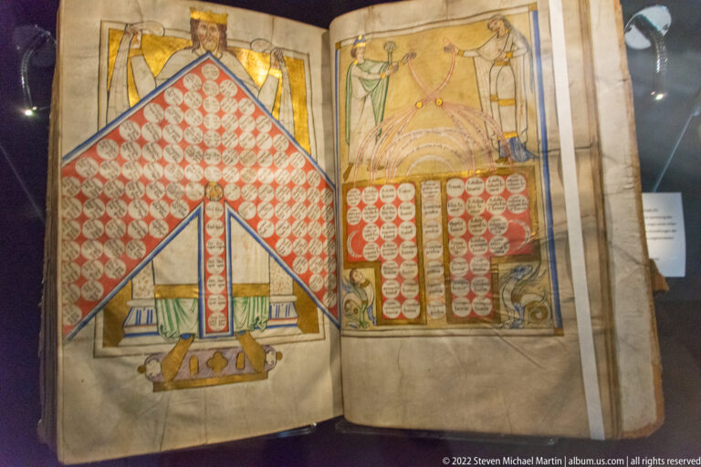 Open medieval manuscript with red geometric diagrams, many labeled roundels, and standing figures on the facing page.
