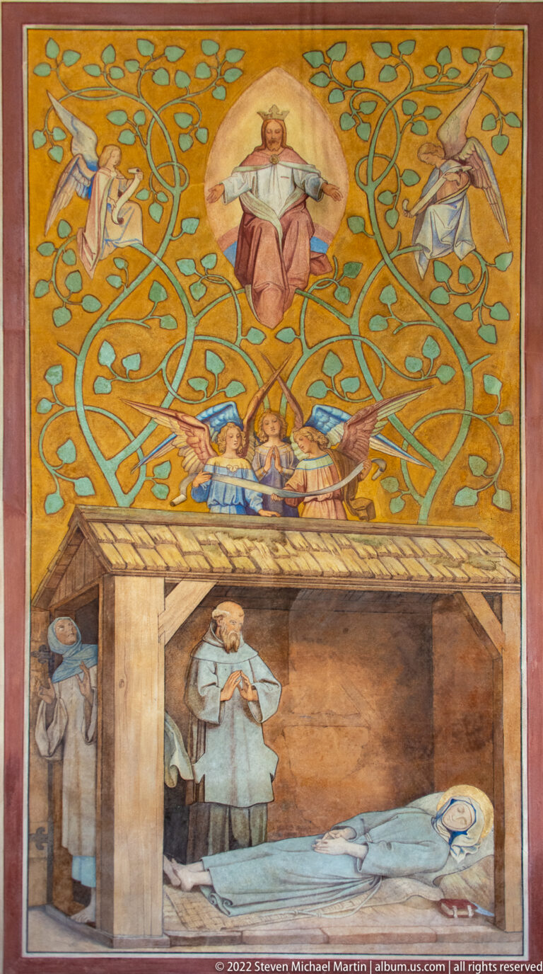Painted deathbed scene beneath a wooden canopy, with attendants below and symbolic figures in the ornamented field above.