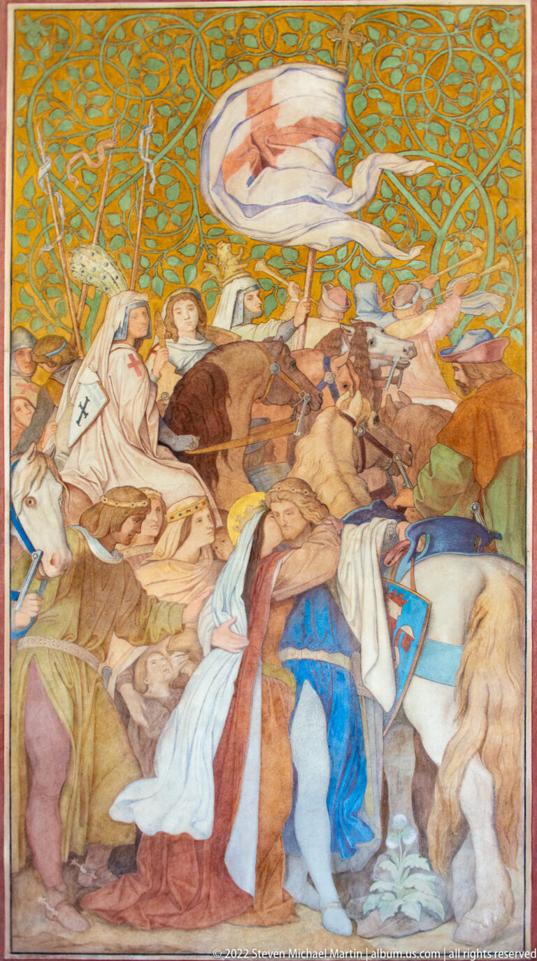 Crowded historical-religious mural with clergy, nobles, and attendants beneath an oval heavenly scene.