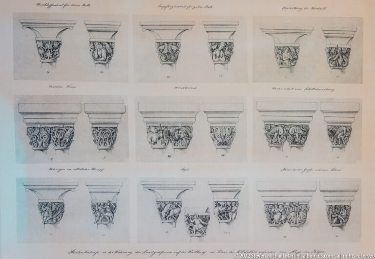 Architectural drawing sheet with multiple studies of carved stone capitals arranged in rows.