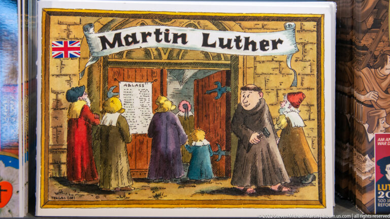 Illustrated 'Martin Luther' cover showing Luther in a monk's habit beside townspeople reading a posted notice.