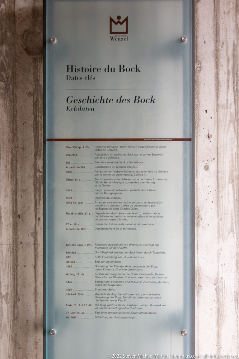 Bilingual interpretive panel titled 'Histoire du Bock / Geschichte des Bock' presents a historical timeline.