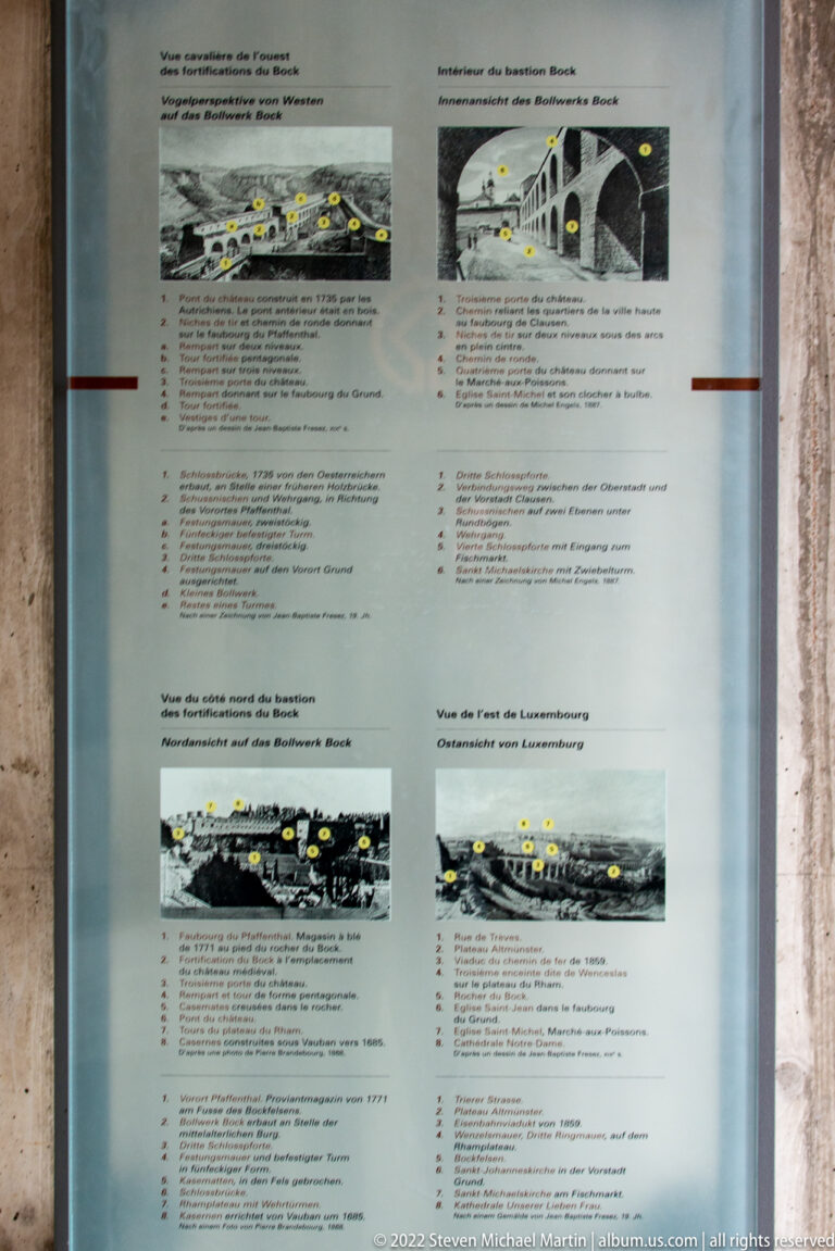 Interpretive display with maps, historical images, and text explaining the Bock fortifications.
