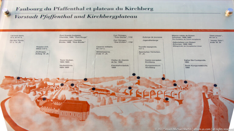 Interpretive panel with dated timeline and orange panorama explaining development of the Kirchberg plateau.