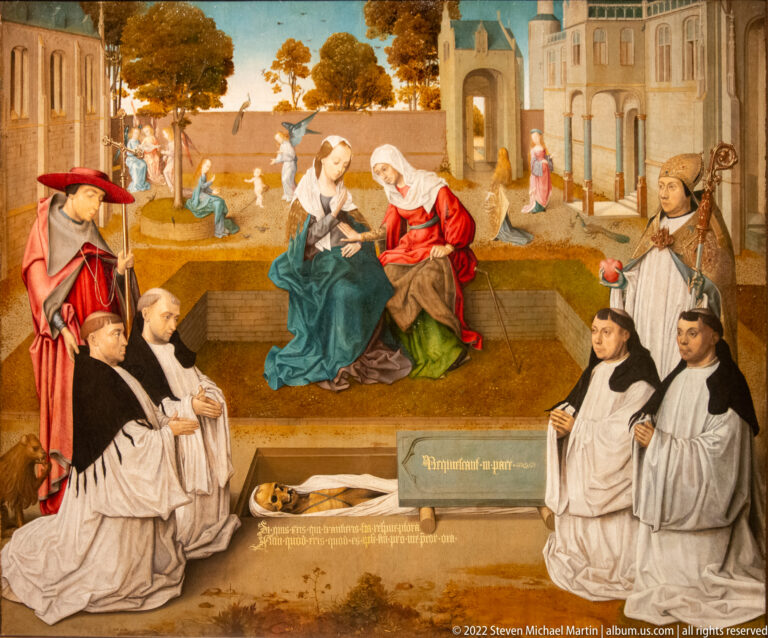 Devotional panel with a central Marian group, kneeling clerical donors, bishop-like figure, and inscribed foreground element.