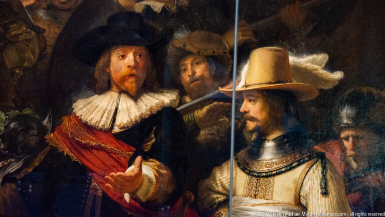 Detail of The Night Watch showing Captain Frans Banninck Cocq and Lieutenant Willem van Ruytenburch.