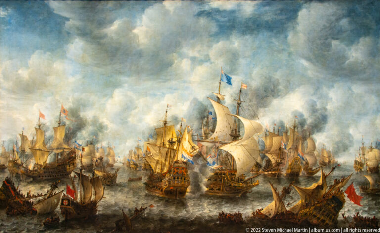 Seventeenth-century sailing warships fight amid cannon smoke, rough water, and a crowded naval fleet.