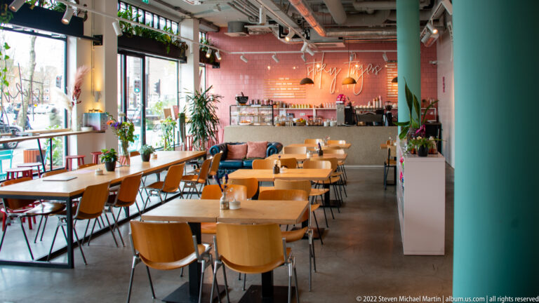 Modern café interior with wooden tables and chairs, potted plants, large windows, and a pink-backed bar.