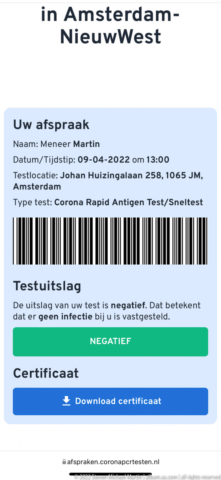 Digital Dutch coronavirus test result screen showing NEGATIEF, appointment details, barcode, and certificate download button.