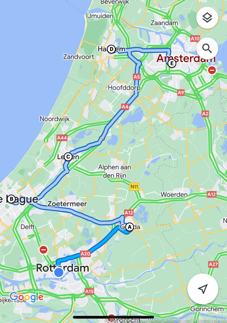 Digital map of the western Netherlands showing Gouda between Rotterdam, Amsterdam, The Hague, Leiden, and Utrecht.
