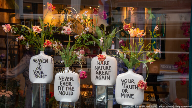 Colorful flowers and white slogan plaques arranged behind a reflective shop window in Gouda.