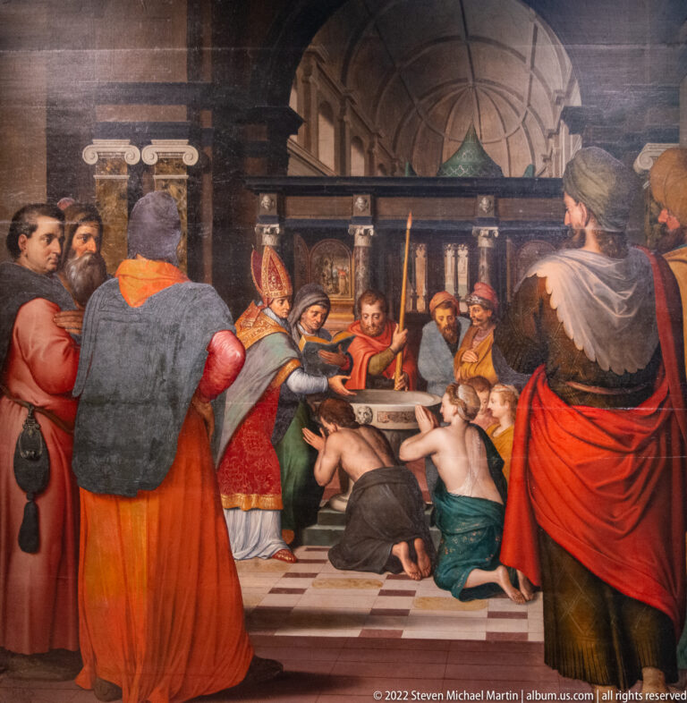 Religious painting with a mitred churchman, kneeling figures, attendants, and a checkerboard floor.