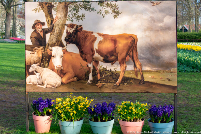 Outdoor panel reproducing a pastoral painting of cattle and sheep, with pots of spring flowers arranged below.