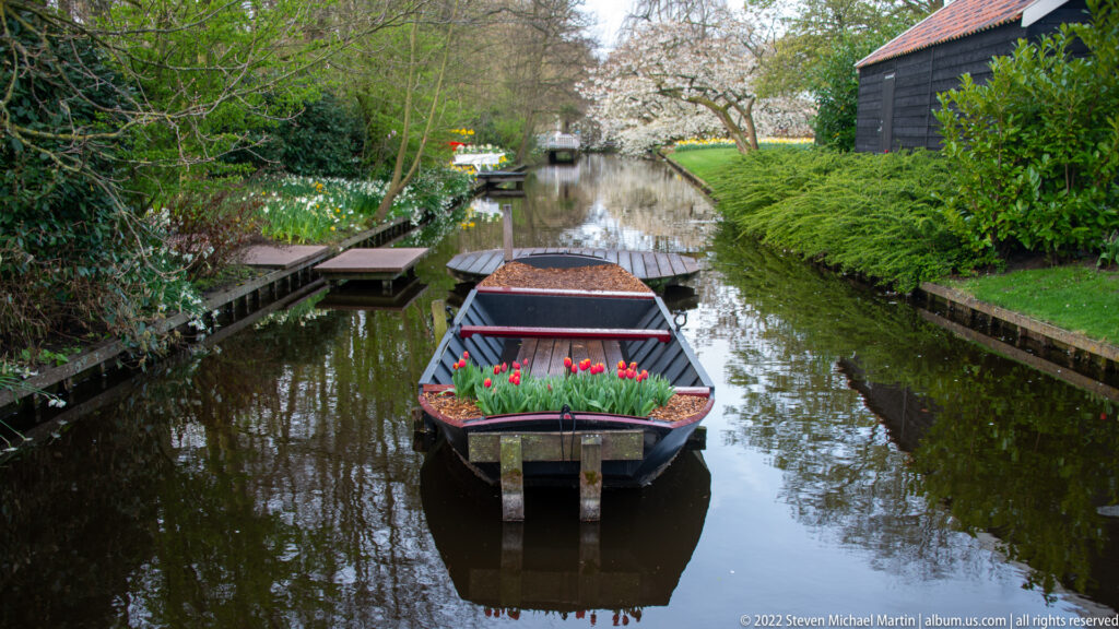 Small boat decorated with red tulips moored in a narrow canal bordered by greenery and flowering trees.