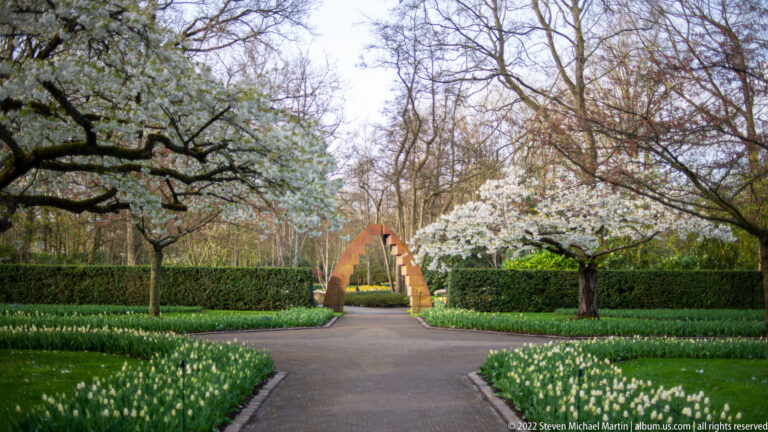 Straight garden path between clipped hedges, flowering trees, bulb beds, and a sculptural arch at Keukenhof.