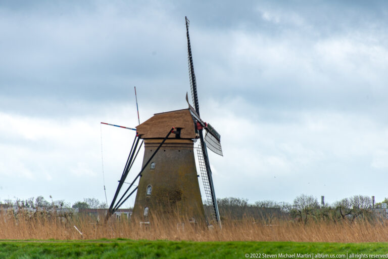 Single brick windmill standing behind tall reeds beneath a cloudy sky.