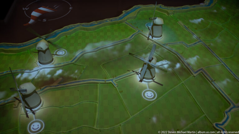 Illuminated digital map showing waterways, paths, windmill icons, and circular interactive markers.
