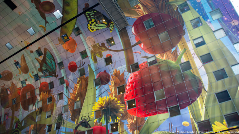 Colorful Markthal ceiling mural with giant strawberries, flowers, leaves, and a butterfly across curved interior panels.