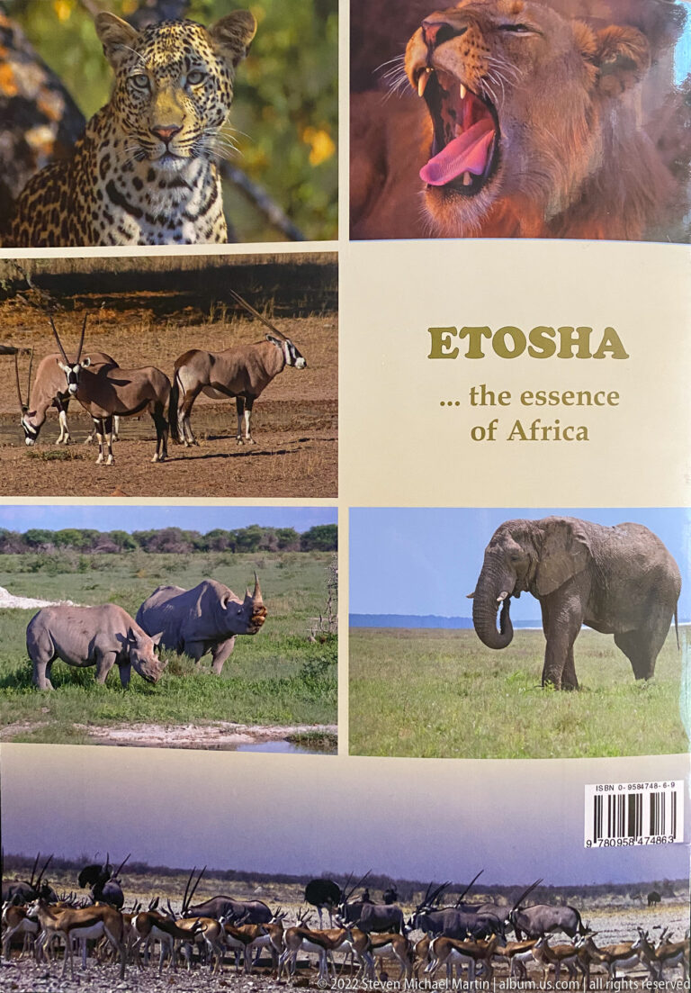 Back cover of an Etosha guide with wildlife photographs, the words “Etosha — the essence of Africa,” and a panoramic animal herd.
