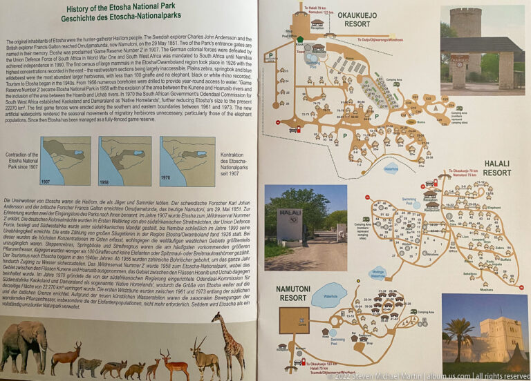 Etosha guide pages with park-history text and labeled site plans for Okaukuejo, Halali, and Namutoni resorts.