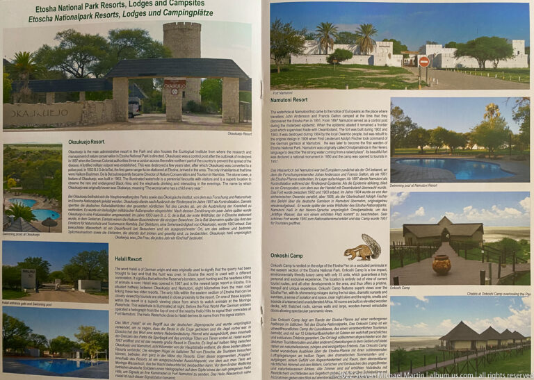 Open Etosha guide with photographs and text describing park resorts, lodges, campsites, pools, entrances, and accommodation grounds.