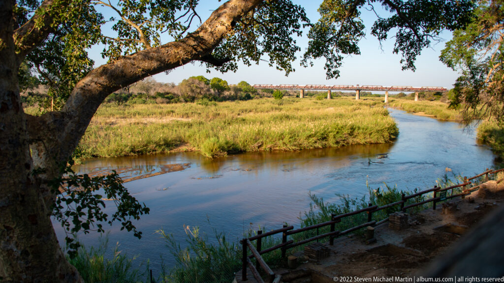 Sabie River bend framed by a large tree, with green banks and a low bridge in the distance.