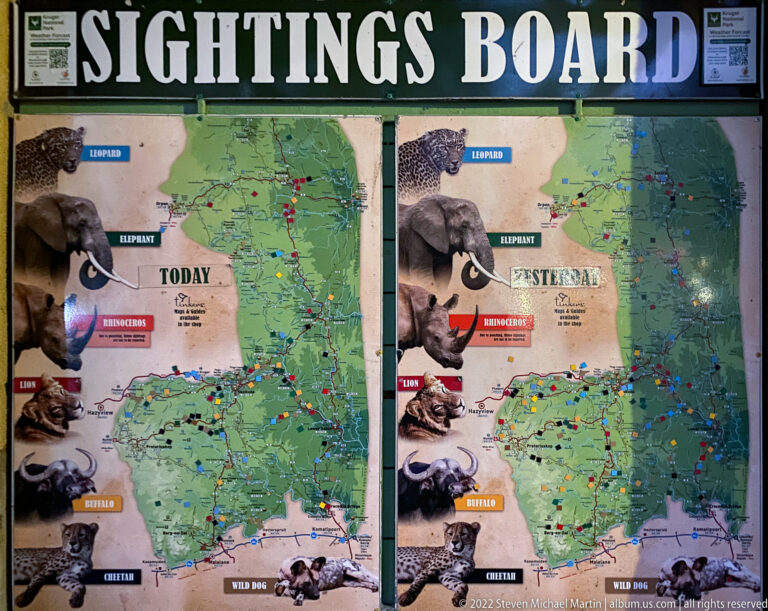 Wildlife sightings board with two maps, colored markers, and animal reference images for major Kruger species.
