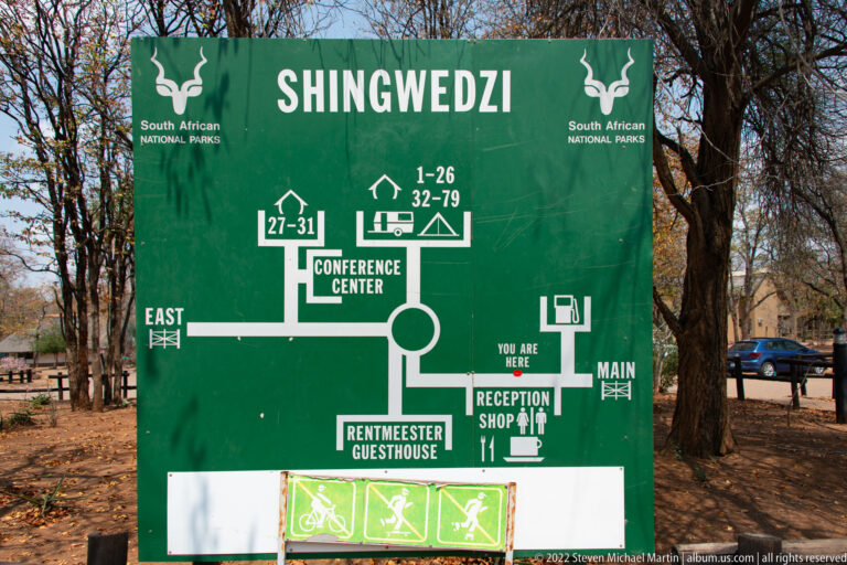 Green Shingwedzi camp map showing reception, shop, conference center, guesthouse, roads, accommodation areas, and a You Are Here marker.