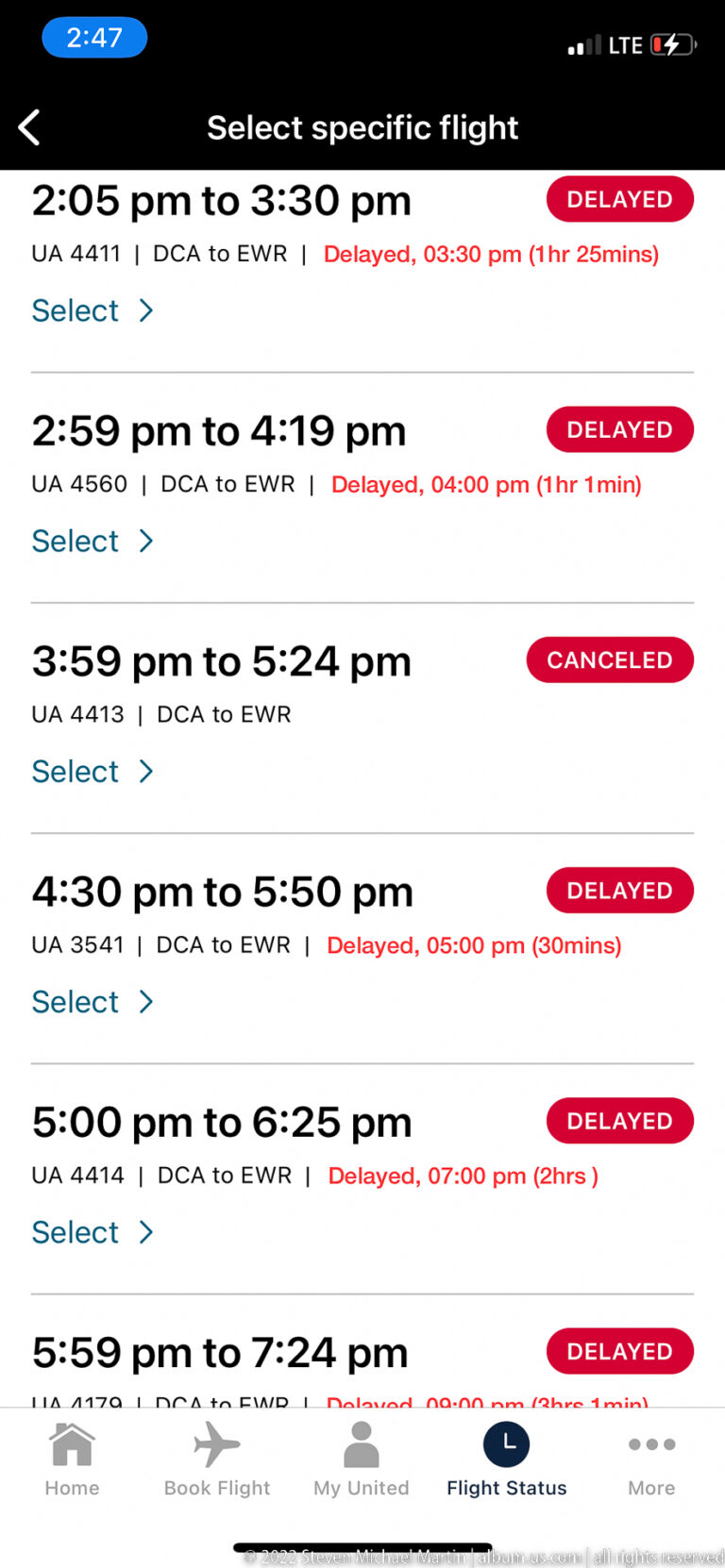 Phone screen listing Washington National to Newark flights, with several delayed departures and one cancelled flight.