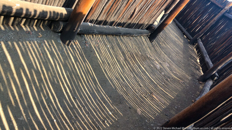 Downward view of curved wooden hide walkway covered with narrow parallel bands of sunlight.